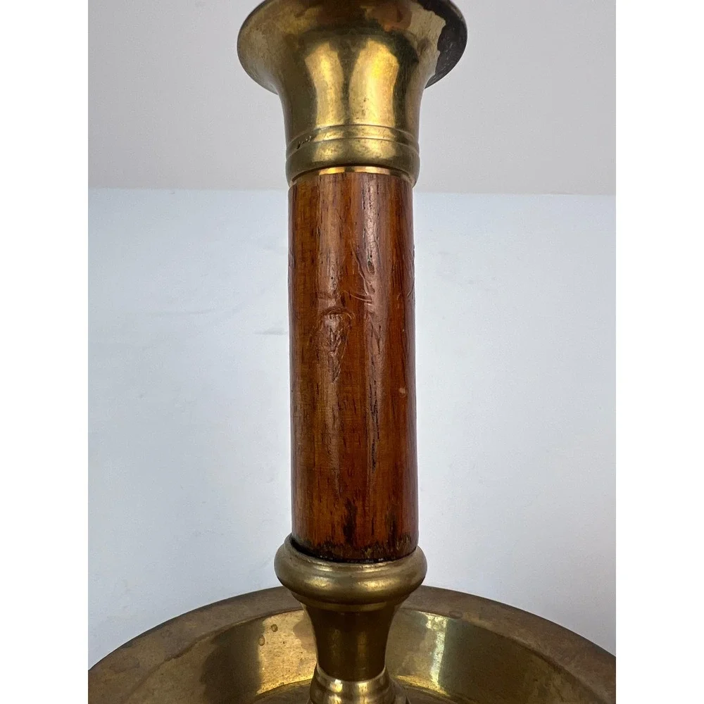 Vintage Brass Wood Candlestick Holders Finger Ring 4.25